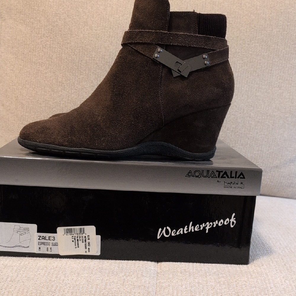 Aquatalia Dark Brown Suede Wedge Ankle Boots - Picture 3 of 7